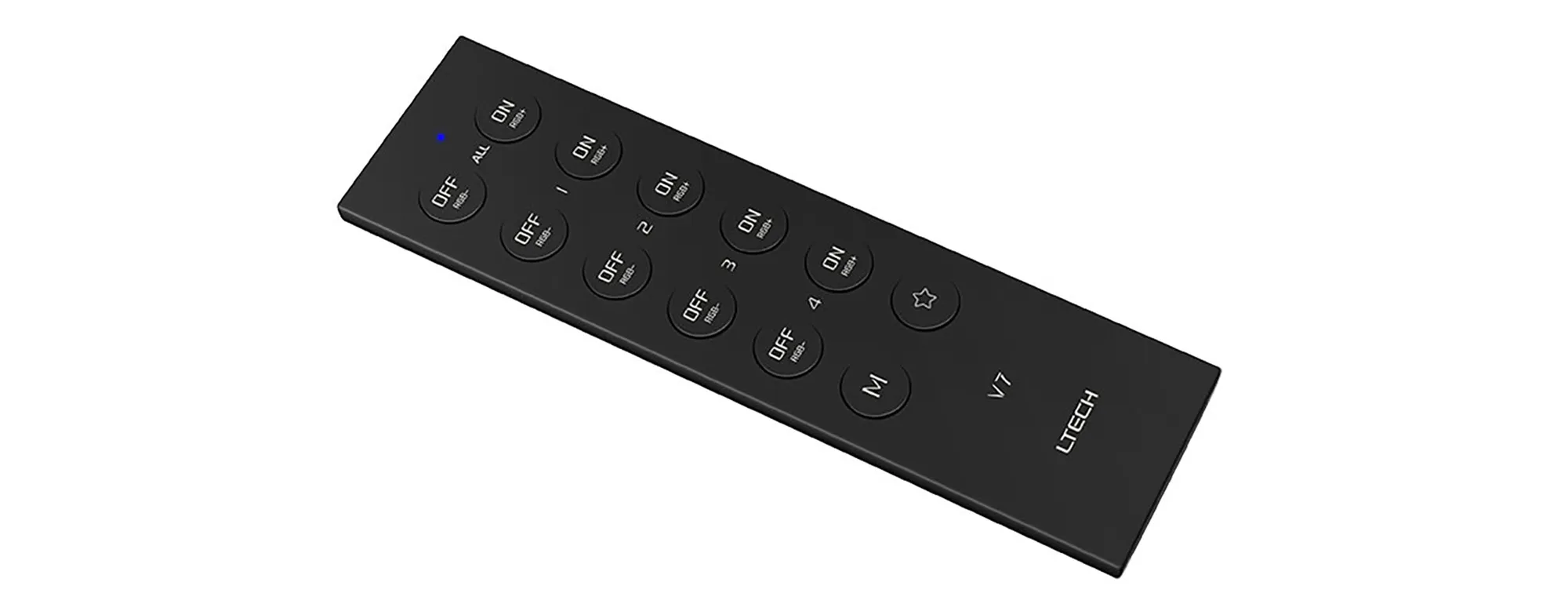 V7  2.4GHz RF RGB Remote Control, CR2032 battery, 30m Range, 4 Zone Control, 3Vdc supply voltage .